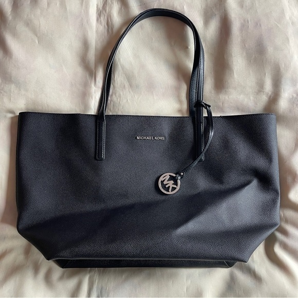 Michael Kors- Black Leather Tote Bag Everyday Work Casual Minimal With Wallet - Picture 1 of 13